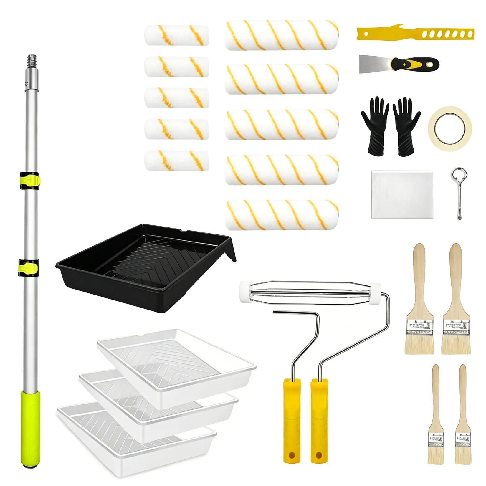 27 Pieces Professional Paint Roller Tool Kit, Equipped with 2-4 FT Adjustable Aluminum Extension Pole, 9 Inch & 4 Inch Polyester Microfiber Paint Roller Covers, All-in-One Complete Painting Supplies Set for Indoor & Outdoor Wall, Ceiling Renovation Projec