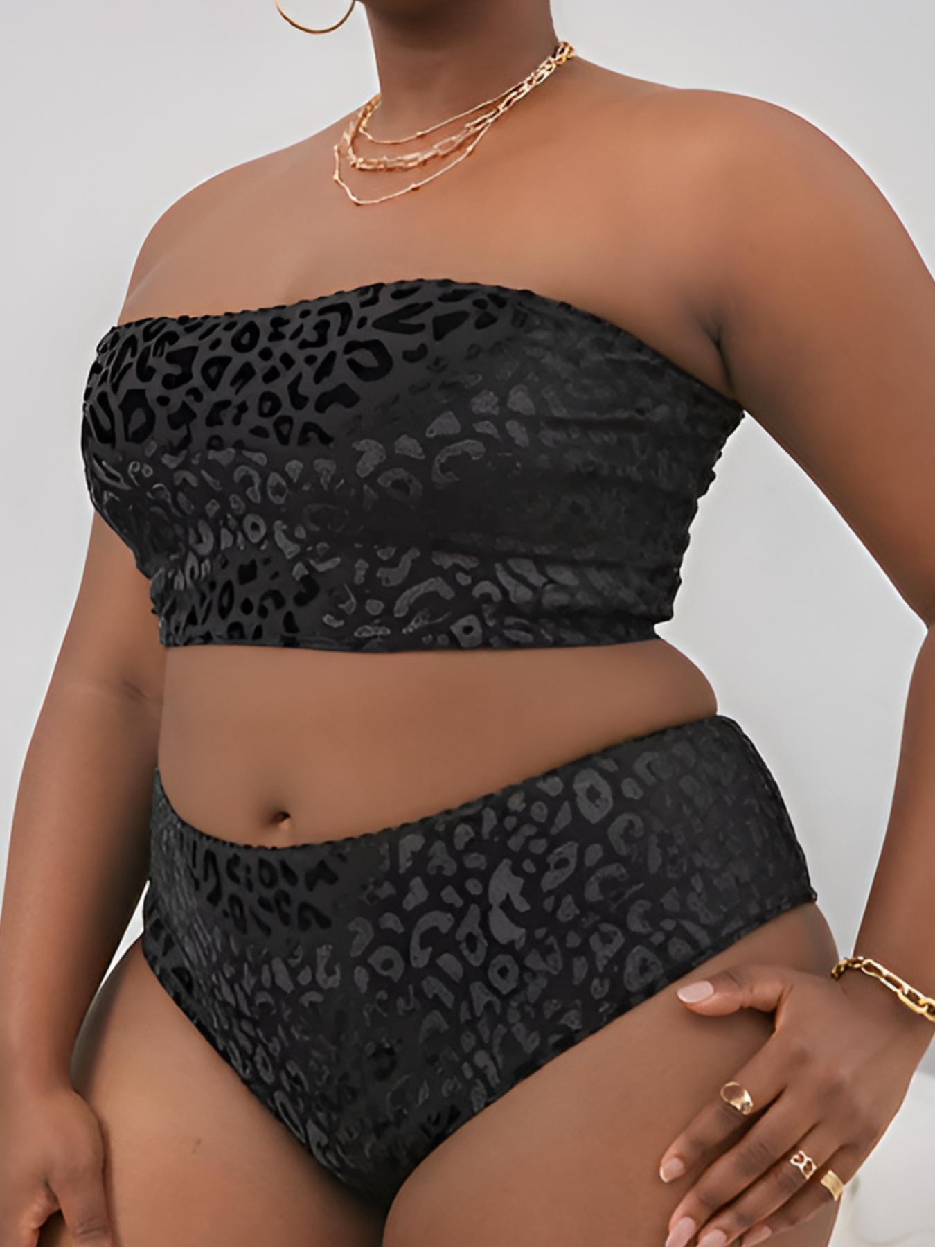 【Plus Size】Two-Piece Set Leopard Print Bikini Set, Casual Strapless Swim Top & High Waist Swim Bottom, Women's Two-piece Swimsuit for Summer Beach Holiday Vacation, High Waisted Swimsuit