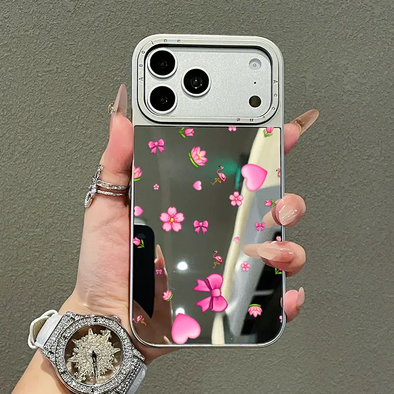 iPhone 17–12 Cute Flamingo Emoji Mix Mirror Case with Electroplated Frame | Cute Floral Girly Aesthetic + Drop Protection | 2-in-1 Stylish Phone Cover