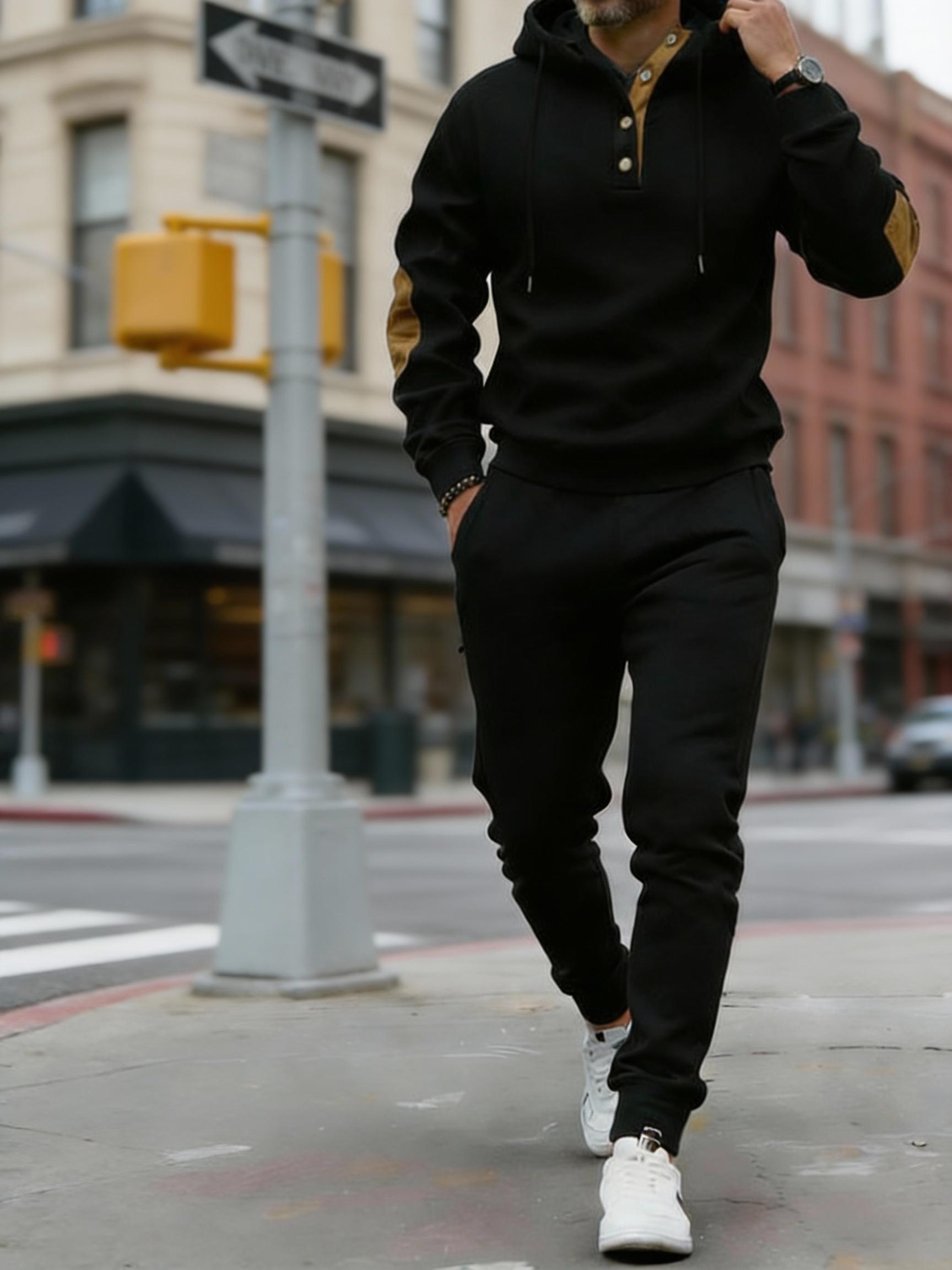 Vintage Style Men's 2-Piece Loungewear Set - Textured Fabric Hoodie with Button Placket & Contrast Details Casual Beige