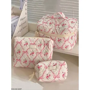 Bow & Floral Pattern Quilted Makeup Bag Set, Zippered Cosmetic Organizer, Versatile Storage Bag For Skincare & Daily Use