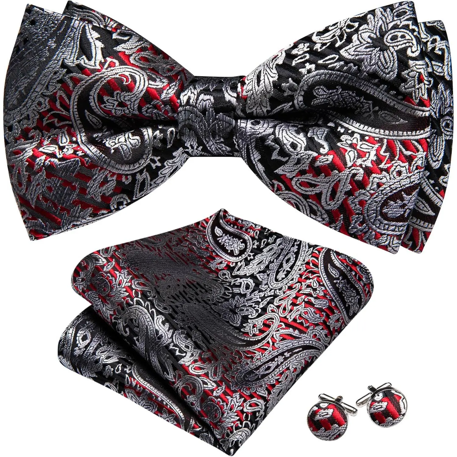 Men's Pre-Tied Bow Tie + Square & Cufflinks Set Pack, Silk Paisley Striped Accessories for Formal Events, Weddings, Prom, Bow + Square