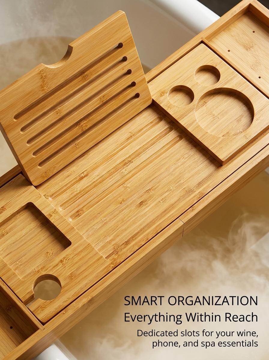 Luxury Bamboo Bathtub Caddy Tray - Expandable Bath Table with Wine Glass Holder & Book Reading Rack - Spa Aesthetic Bathroom Decor