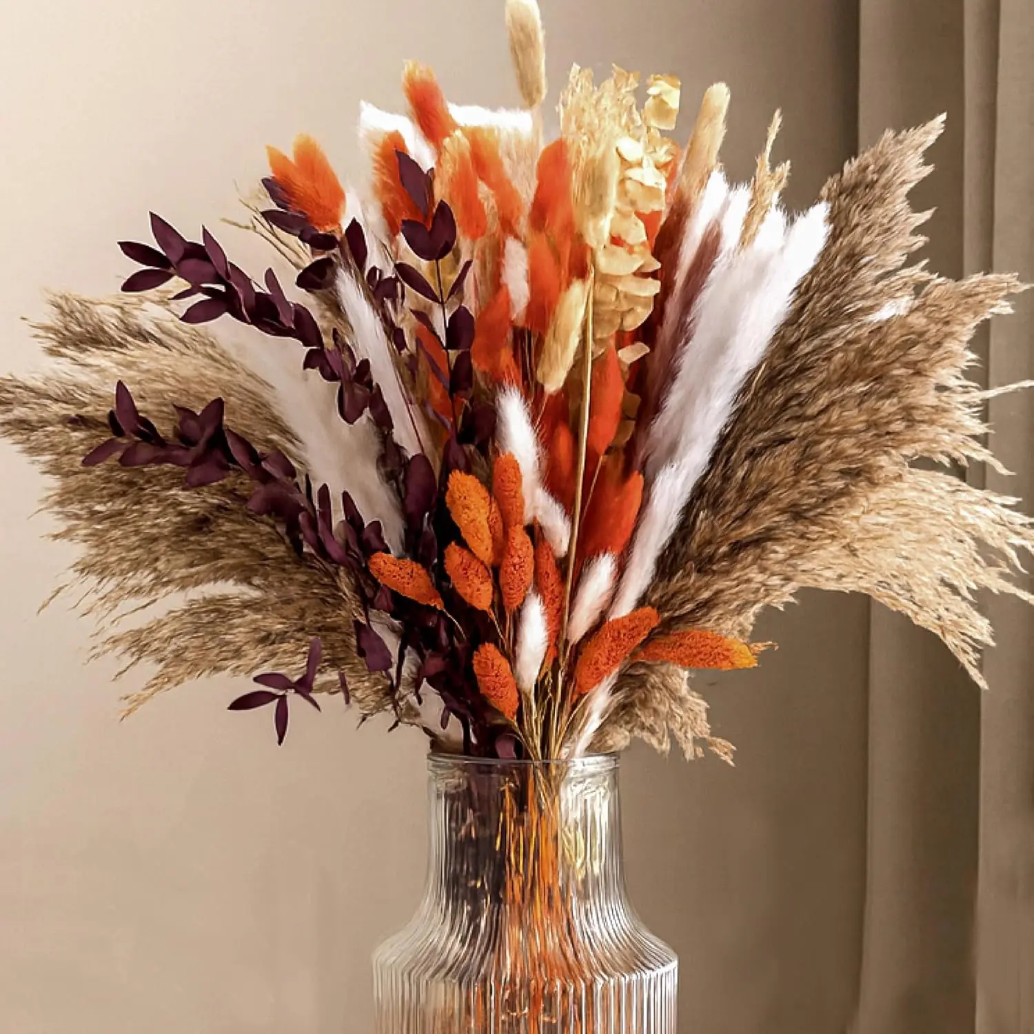 130 count Real Orange Pampas Grass, 17"  Dried  Boho Winter Decor,  Fall  Bouquet - Bunny Tails Eucalyptus  Floral Arrangements Wedding Centerpiece