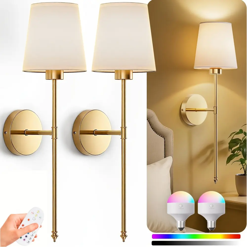 Rechargeable Battery Operated Wall Sconce Set of 2, Wireless Wall Lamps with Remote Control, RGB Color Changing, Dimmable, 3 Color Temperatures for Bedroom Living Room Hallway