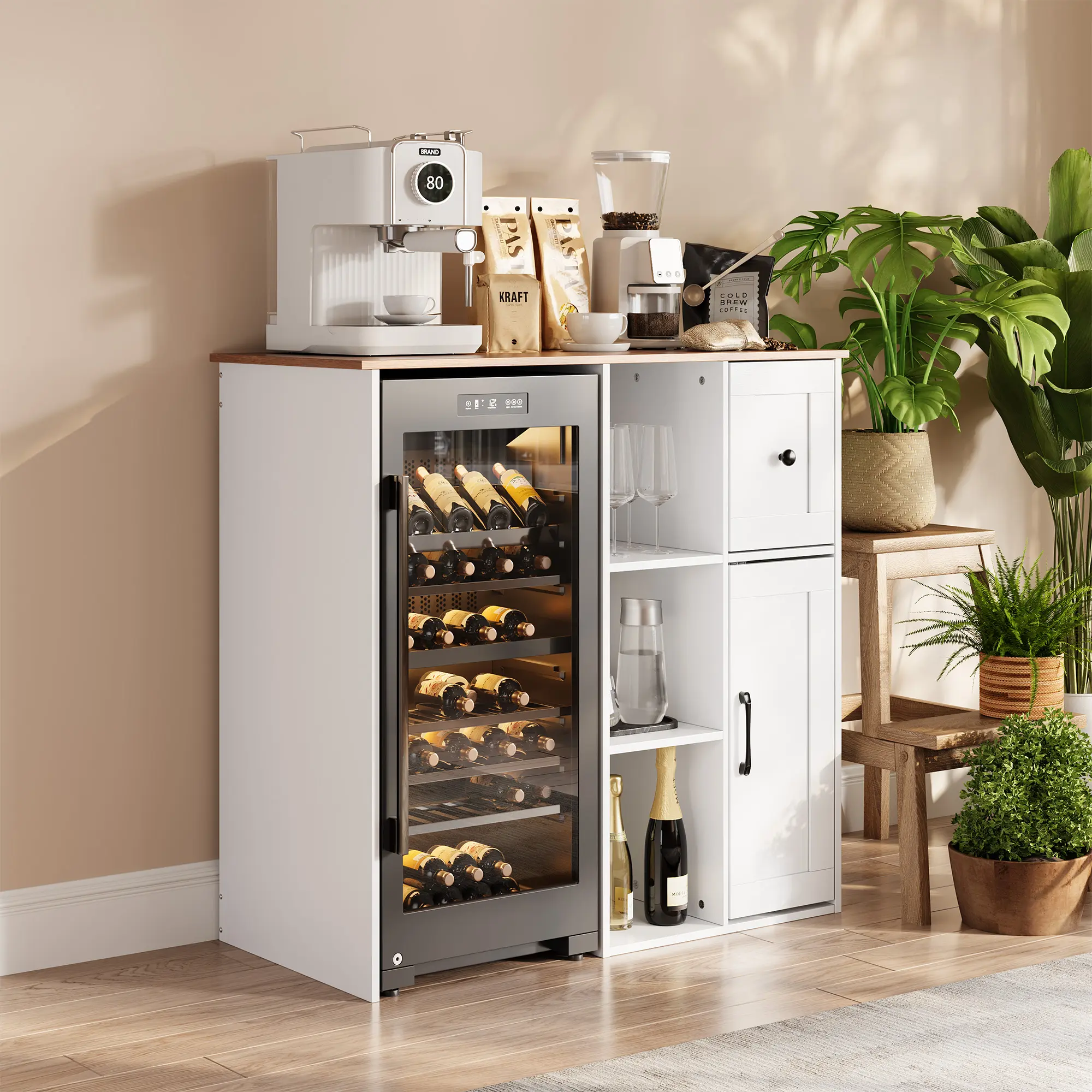 3-Tier Mini Fridge Cabinet with Storage, Coffee Bar Cabinet with Power Outlet, Fits 20" Wine Fridge, Modern Storage Sideboard, Compact Coffee Bar or Stylish Mini Fridge Organizer