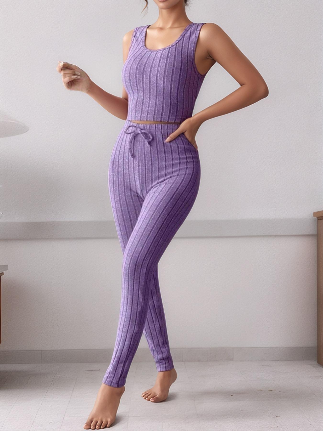 Women's Solid Ribbed Knit Tank Top & Pants & Open Front Long Sleeve Outwear, Casual Comfy Pyjama Set, Women's Sleepwear & Loungewear for Spring & Fall