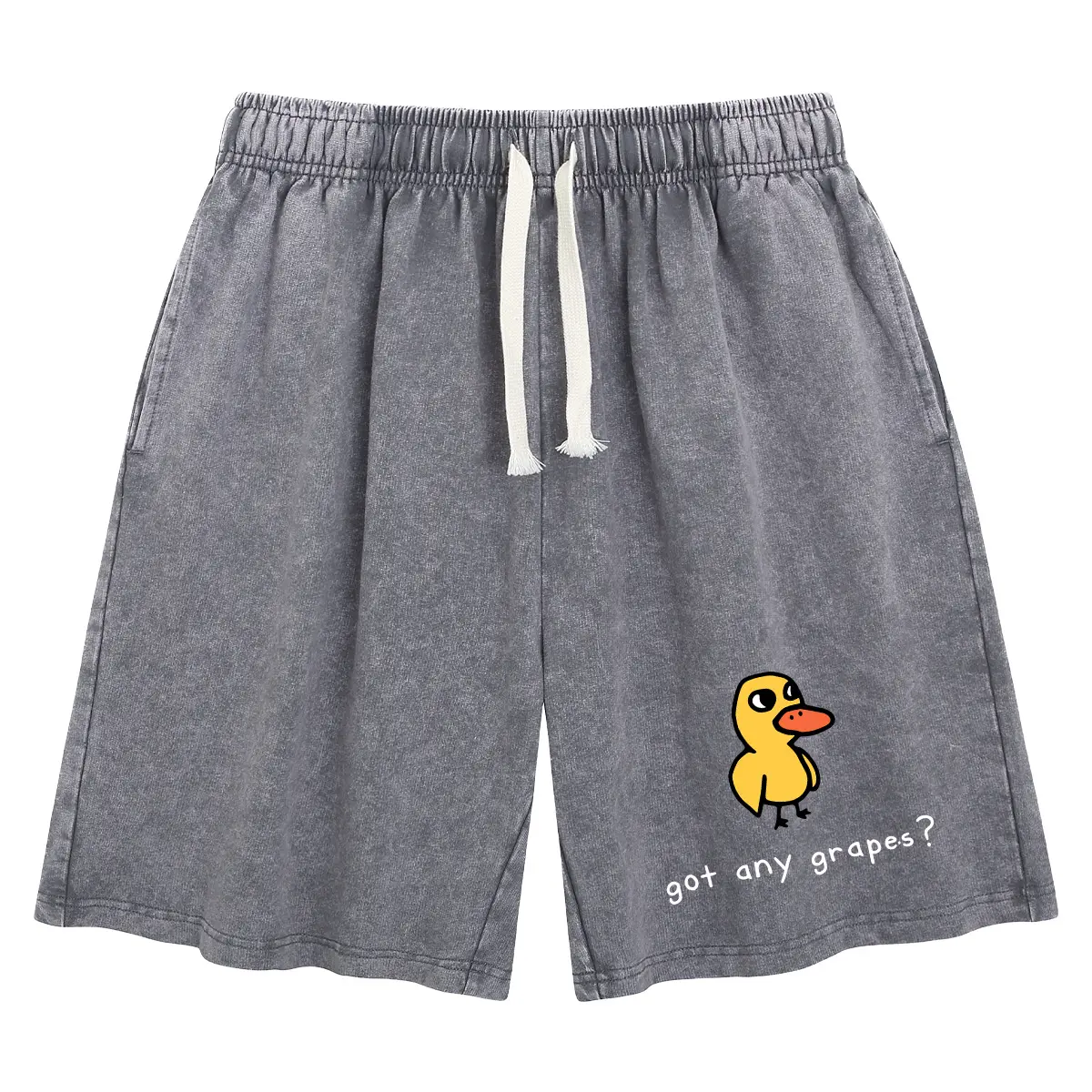 Unisex Casual Shorts with Acid Wash Duck Print, Stylish Mid Waist Cotton Blend Bottoms with a Drawstring Tie for Everyday Fashion, Knee Length, Unisex Look, Menswear, Fashion ShortsBack To School