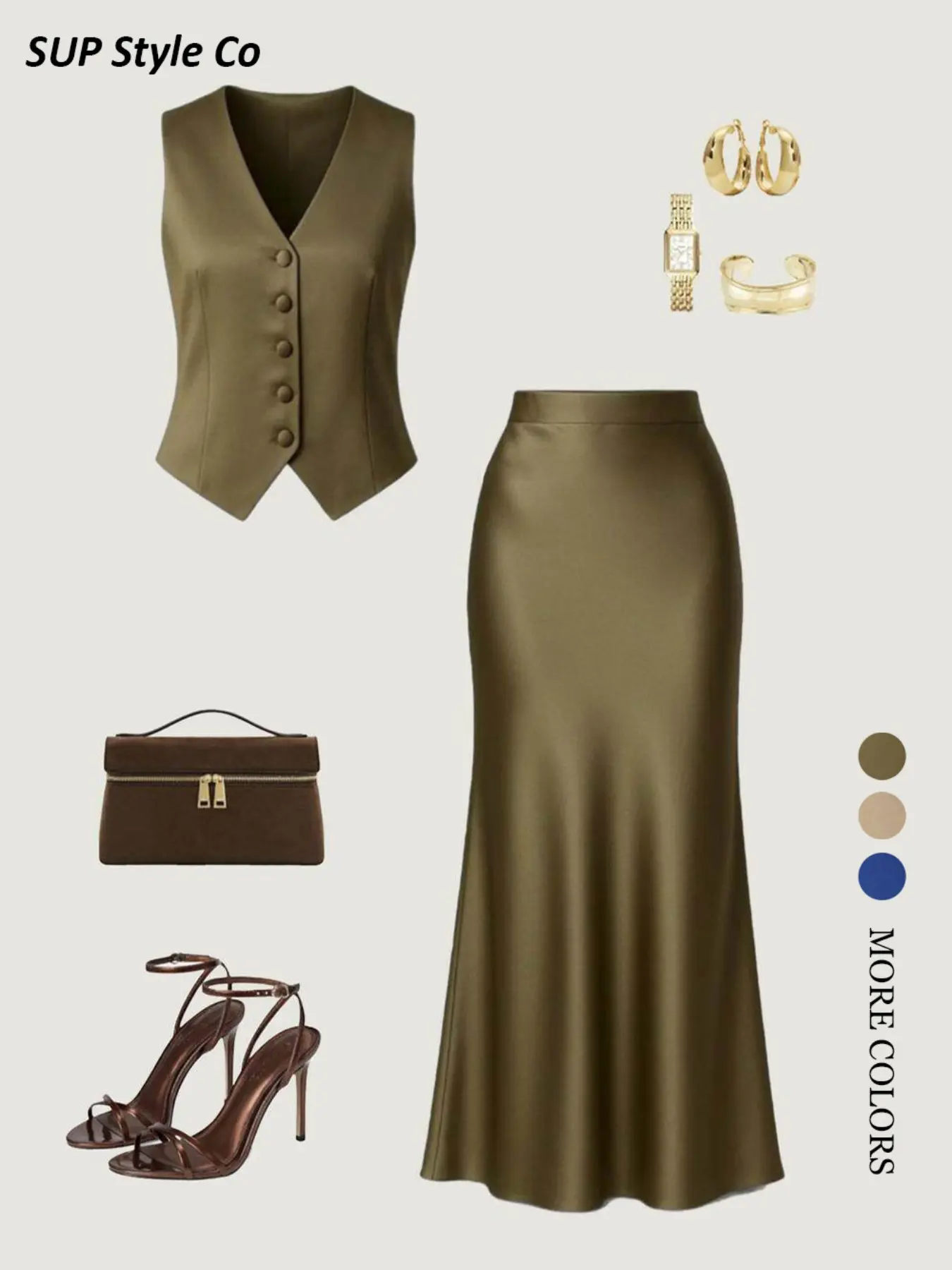 Olive Sleeveless Vest + Long Skirt Set, Matching, Elegant Slim-Fit Office Wear, All-Over Print, Spring Summer, Women's Fashion