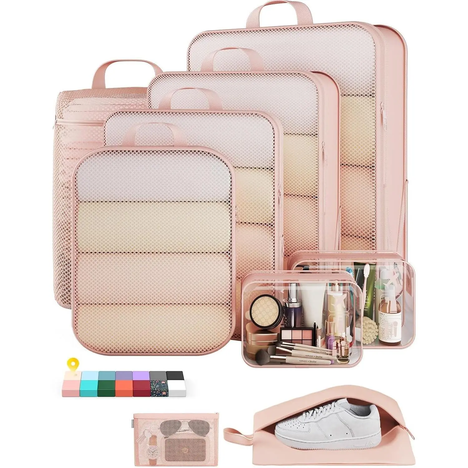 Functional 9-Piece 11-Size Compression Packing Cube Set, Organizer Storage for Travel Essentials & Closet, Polyester Luggage Suitcase Bags with Transparent Mesh Panel & 1000+ Mesh Holes, Beige Space-Saver Clothing Bags