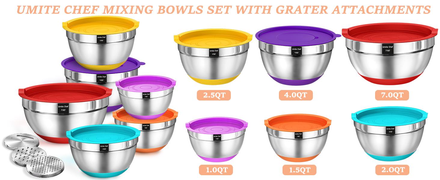 Umite Chef Mixing Bowls with Lids Set, 26Pcs Colorful Stainless Steel Bowls Set, Nesting Bowls with Grater Attachments, Large Kitchen Bowls Set with Non-Slip Bottoms for Mixing & Serving