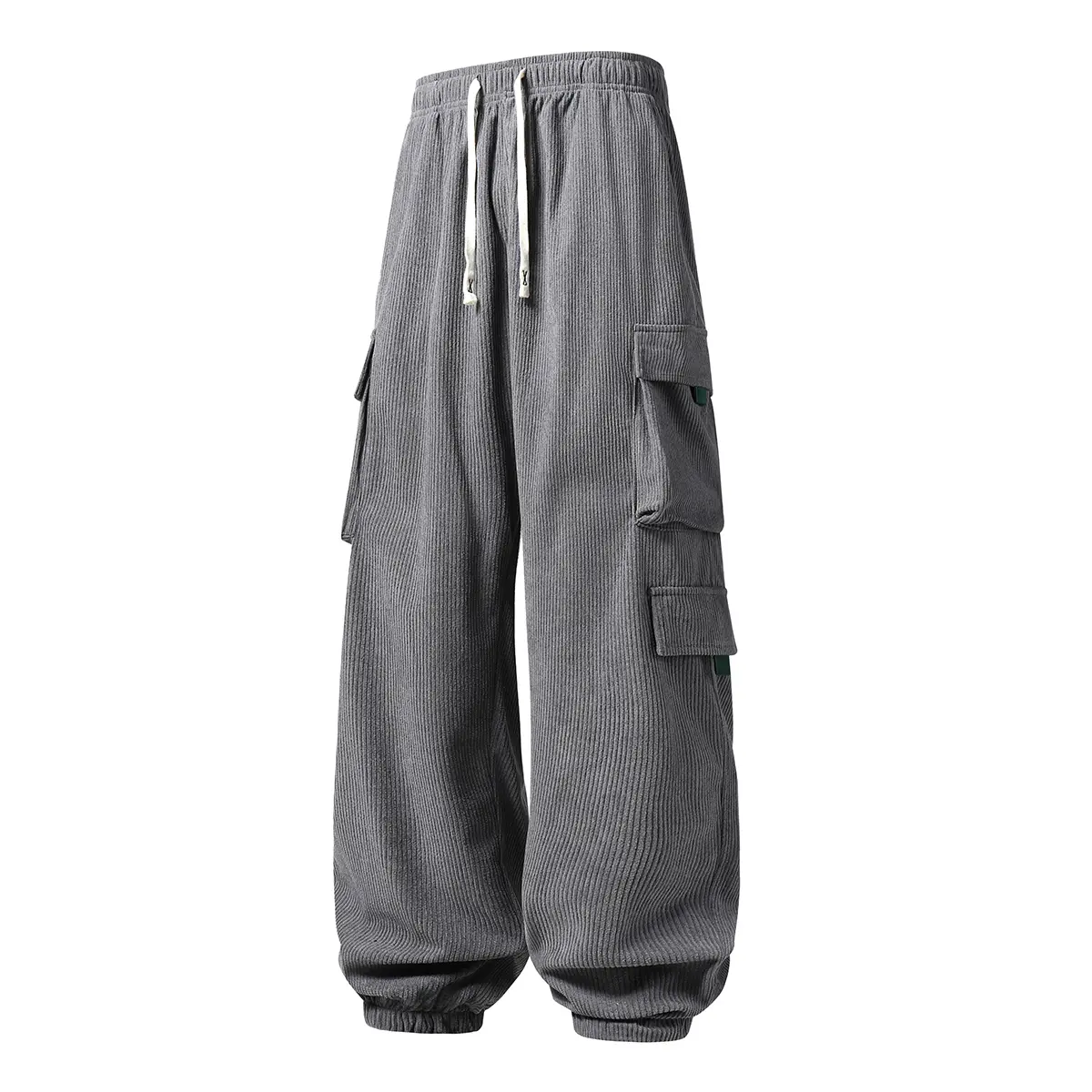 Men Corduroy Jogger Pants, Elastic Waist With Drawstring For Adjustable Fit, Large Side Cargo Pockets With Webbing Buckle For Large‑Capacity Storage, Cuffed Ankle Design For Sharp Silhouette, Vertical‑Striped Fabric Offers Soft Cozy Touch With Retro Vibe,