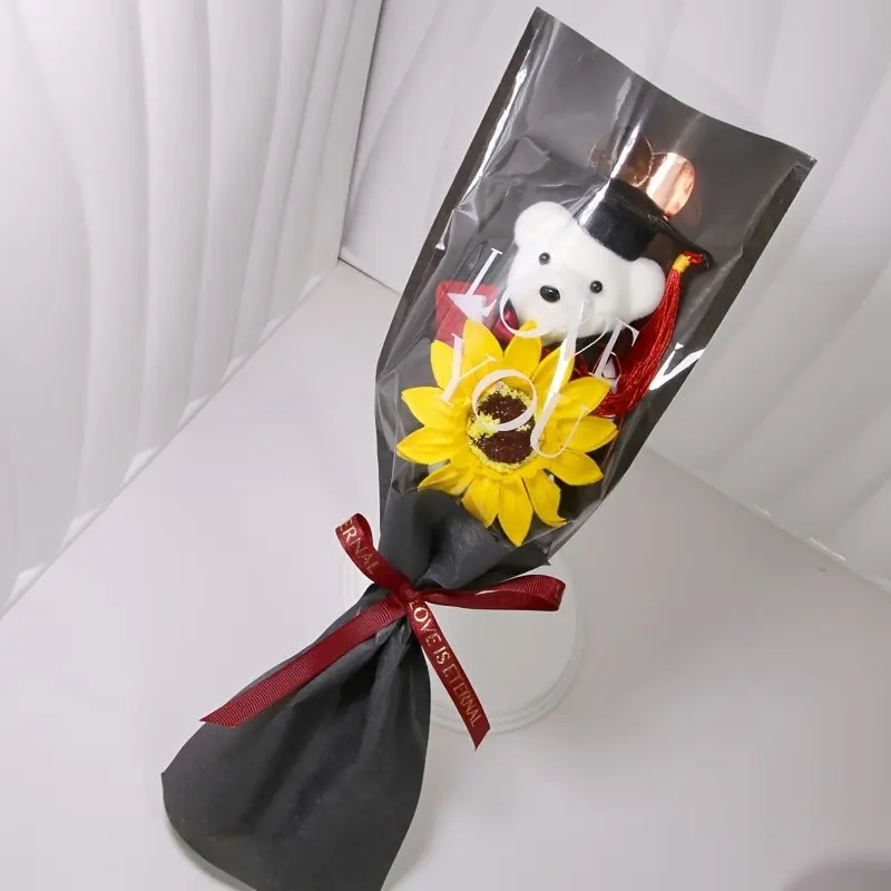 Graduation Bear with Doctor Hat & Sunflower Bouquet, Golden Love Wrapping, Perfect Keepsake for Graduates, Ideal Gift for Besties & Classmates