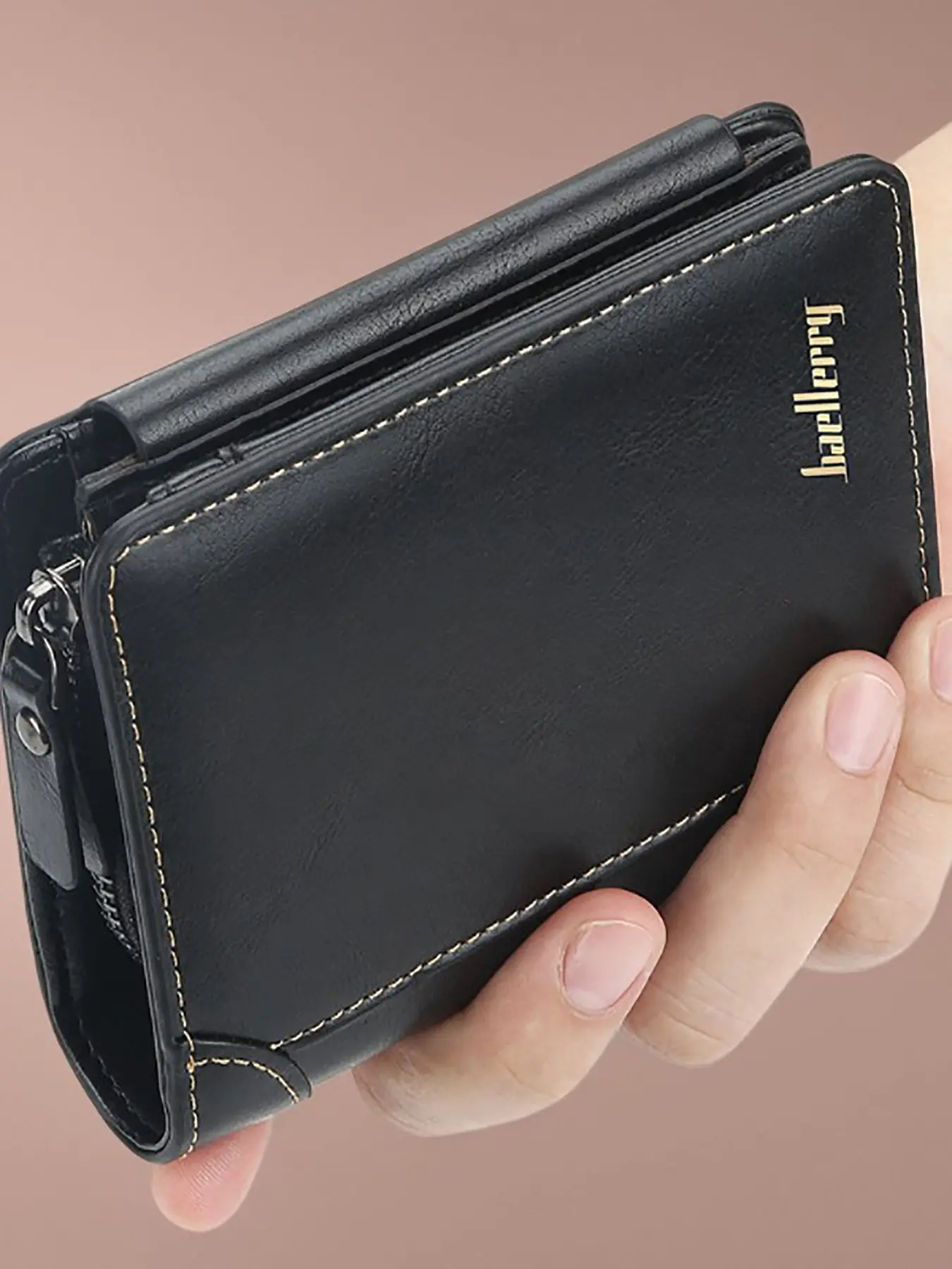 Baellerry Men's Short Wallet with Multiple Card Slots, Three-Fold Zipper Coin Pouch, Fashionable Solid Color Bank Card Holder