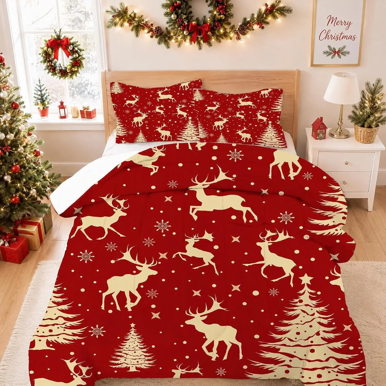 3pcs Wine Christmas Reindeer Tree Print Quilt Set, Soft Breathable, Digital Print, Includes 1 Quilt + 2 Pillowcases, 200g Fill, Home Use