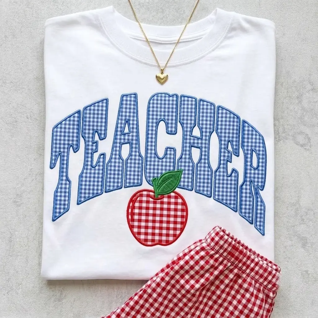 PRINTED Teacher Applique TShirt, Gingham Teacher T-Shirt, Apple Patch Tee, Back To School Teacher Gift, Preppy Teacher Tee