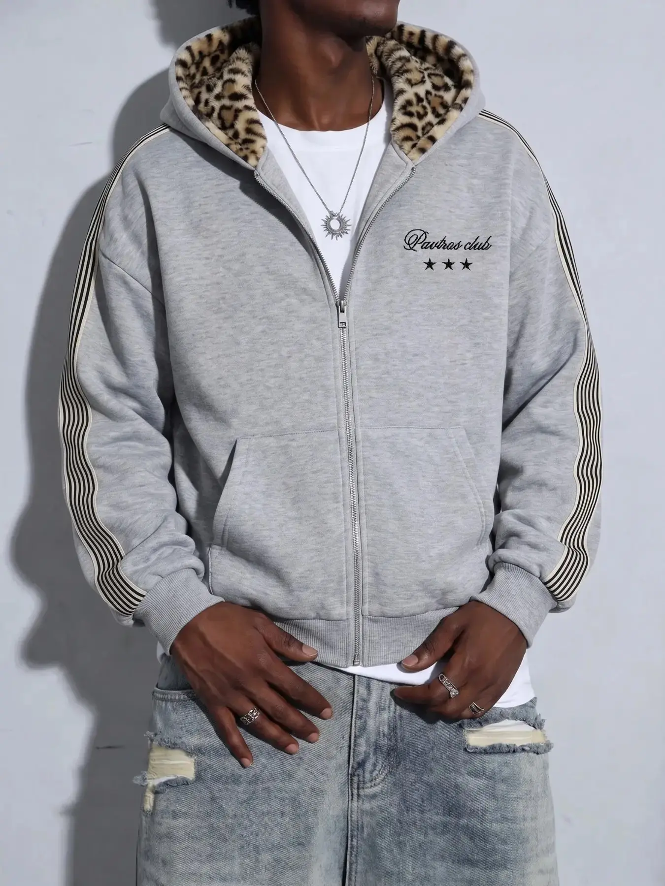 Men Heather Grey Leopard Lined Hood Zip Up Hoodie, Striped Sleeve Pavtras Club Three Star Graphic Oversized Vintage Street Fall Casual Sweat Jacket