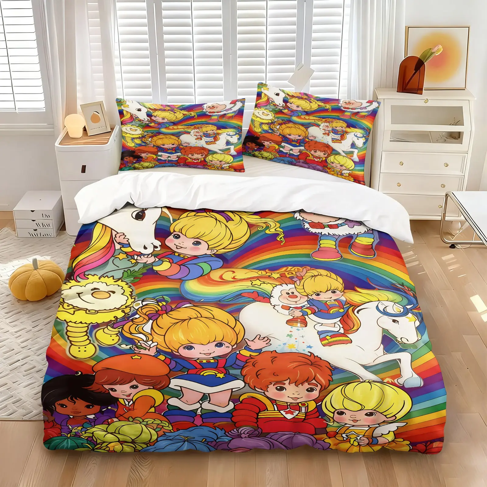 3PCS Rainbow Brite Cartoon Unicorn Duvet Cover Set (1 Duvet Cover + 1-2 Pillowcases), Colorful Rainbow Retro Cartoon Character Full Print, Soft Cozy Skin-Friendly All Seasons Bedding, Perfect for Cute Kawaii Kids & Girls Bedroom Decor