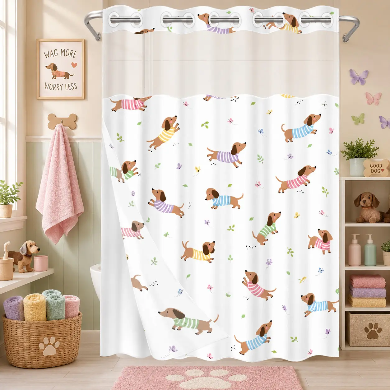 1 Pc Hookless Double Layer Shower Curtain, Dachshund Dogs in Color Striped Shirts & Butterflies Print, Waterproof Mildew Resistant Washable Fabric, Pet Kids Bathroom Decor, Detachable Inner Liner, All-in-One Bath Divider Curtain, 71×74 Inch