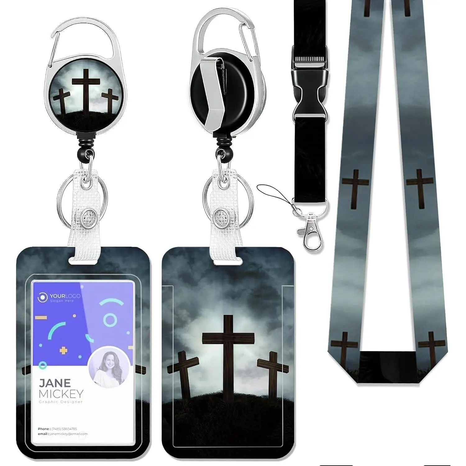 Three Crosses Badge Holder with Retractable Reel Clip,Sunlight Lanyards for Id Badges,Plastic Case with Carabiner Clip Vertical ID Card Protector for Women Student Office Gifts