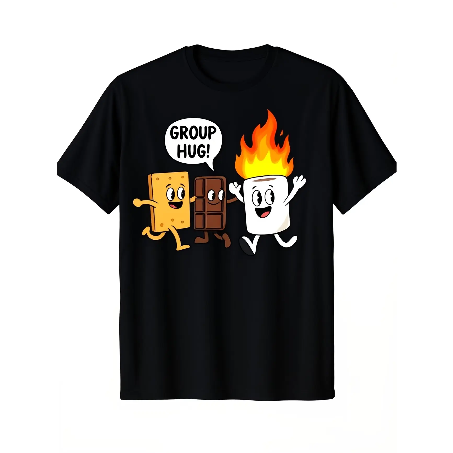 Cute S'mores Group Hug Graphic T‑Shirt, Oversized Comfort Cotton Short Sleeve Top, Cartoon Marshmallow Chocolate Cracker Printed Craft Tee, Fashion Casual Outfit, Valentine’s Day Gift For Him Her, Best Holiday Present For Family Friends Camping Lovers