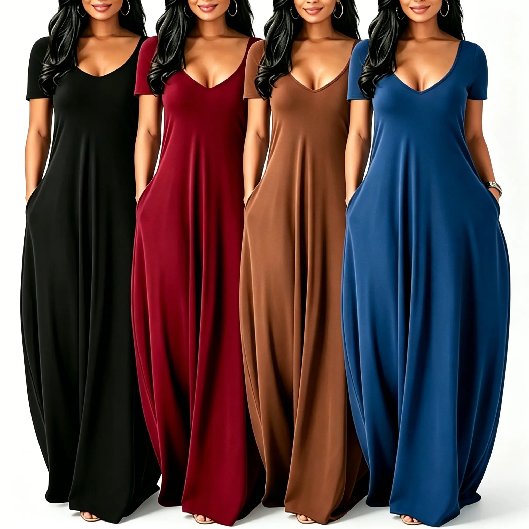Women's V-Neck Short-Sleeve Casual Maxi Dress with Pocket - Breathable Fit Clothes for Casual Wear Womenswear Flowy