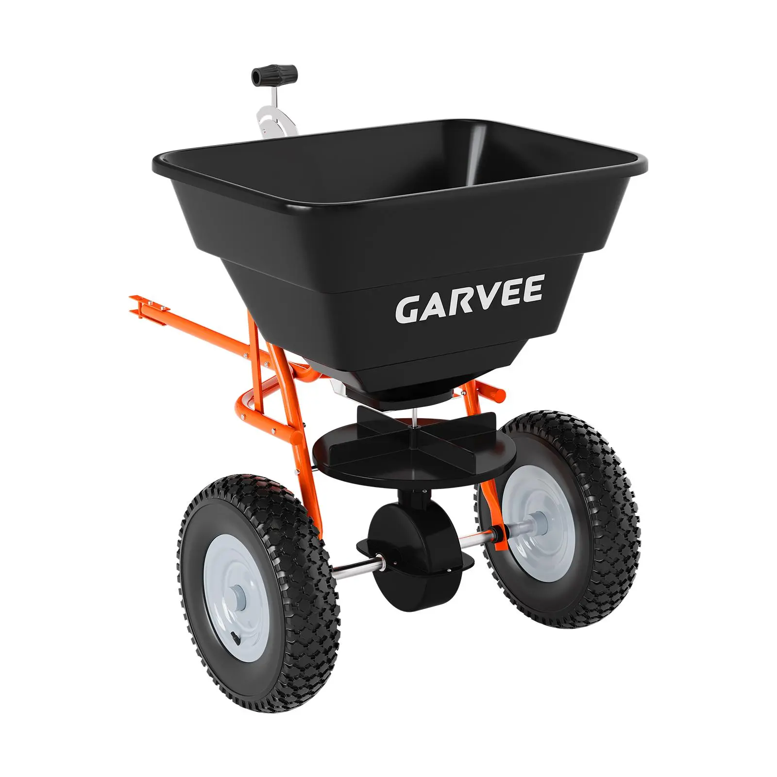 Heavy Duty ATV Tow Behind Seed Spreader, 85 LBS Broadcast Fertilizer Spreader with Universal Hitch, Pneumatic Wheels, Weatherproof Hopper for Yard, Ranch, Farm Use, Red