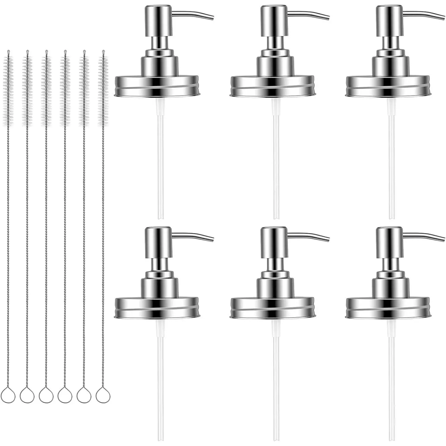 6 Pack Mason Jar Soap Dispenser Lids with Pumps, Rustproof Stainless Steel Lotion Soap Dispenser Lids Replacement with 6 Brushes Leakproof Pump Lid for 16 oz Regular Mouth Mason Jar