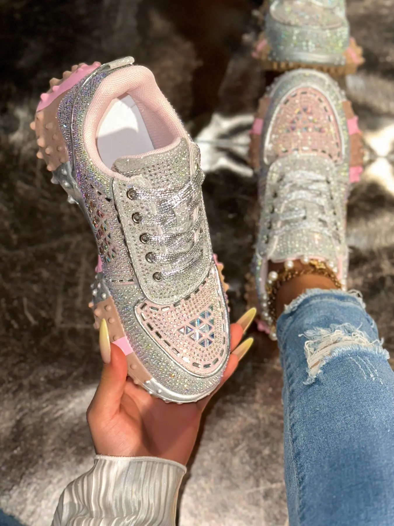 Women's Sparkling Crystal & Gem Decorated Sport Casual Shoes, Fashion Thick Sole Flat Shoes, Comfortable Laced Flats, Plus Size Available