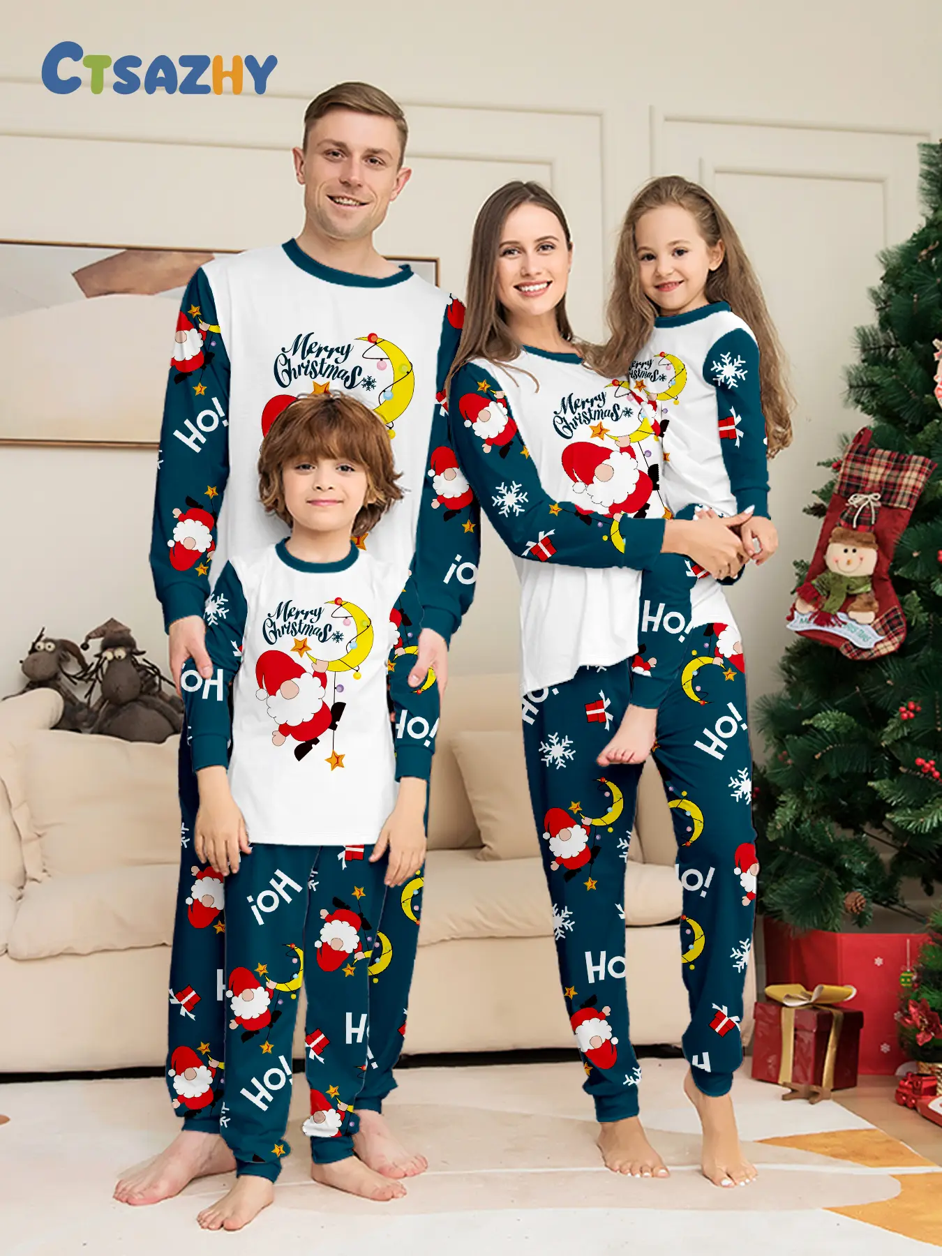 Family Matching Christmas Pajamas Set of 4 with Santa Hat Letter Print, Long Sleeve Top & Jogger Pants Two-piece Loungewear with Red Contrast Cuffs, Made of Soft Skin-friendly Breathable Knit Fabric. Ideal for Christmas Family Photoshoots, Holiday Party O