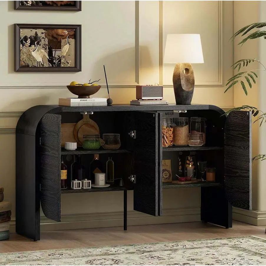 Modern Sturdy Wood Sideboard Cabinet - Curved Corner, 4 Doors, Adjustable Shelves, Portable Storage Organizer for Living Room - Classic Retro, Wood Look Indoor Cupboard, Classic Retro Sideboards, Curved Corner Sideboards