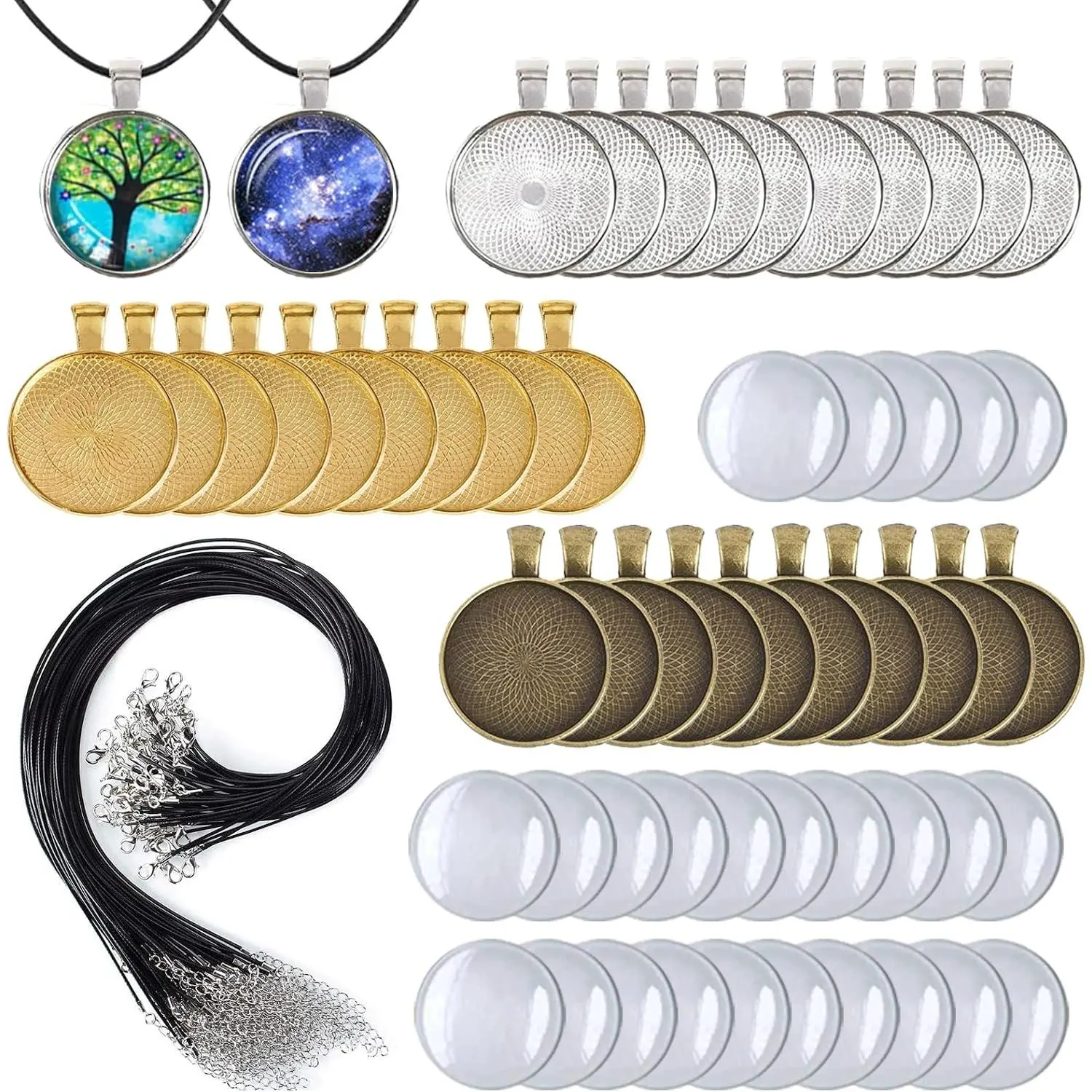 Pendant Trays Kit for DIY  Crafts Making, Including Oval Pendant Bezel Blank Trays Glass Cabochons Waxed Necklace Cords for Photo Cameo  Making