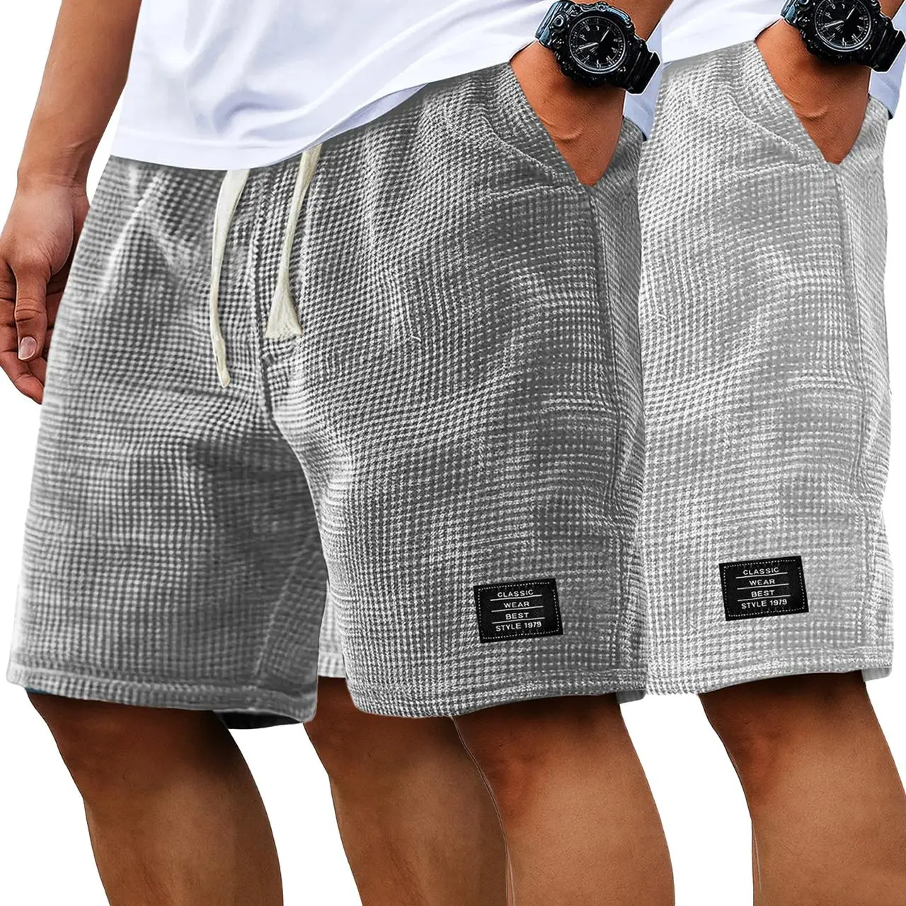 Men's 2-Pack Casual Waffle Shorts, Medium-Length Solid Color Relaxed Fit Bottoms with Drawstring for Daily Wear and Holiday, Casual Tops, Men's Shorts, Above Knee, Affordable Fashion, Cold Wash Men's Shorts