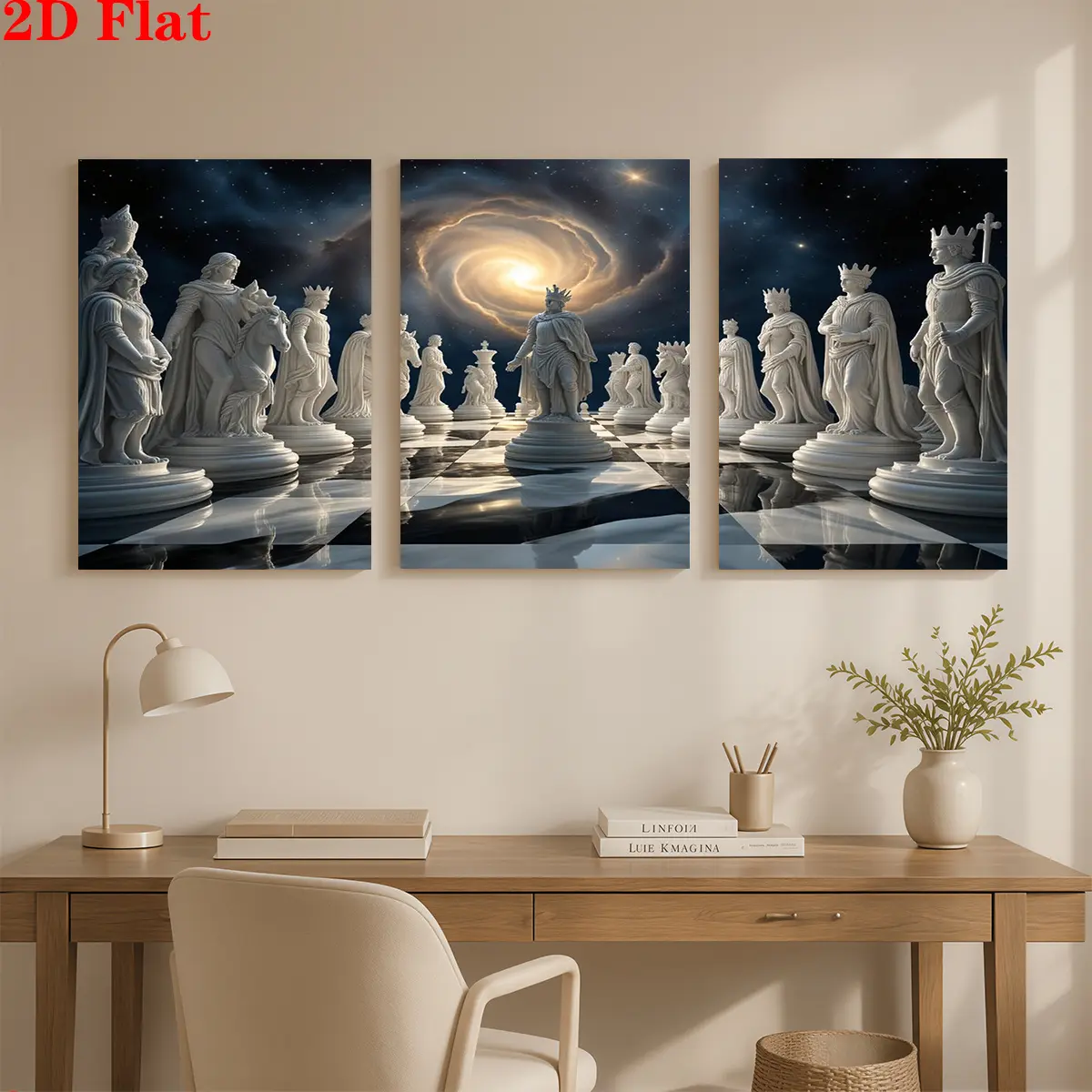 2D three-piece canvas art wall painting - Chess pieces in space. Suitable for decorating offices, restaurants, living rooms, bedrooms, and home decor. It is an ideal gift for Christmas, Independence Day, and birthdays. Adds a touch of brighCanvas Wall Art
