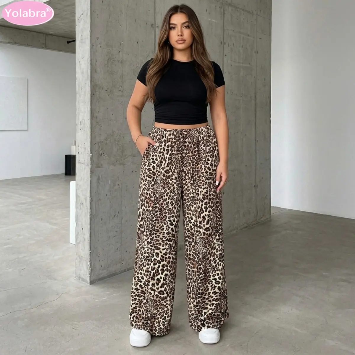 Vintage Leopard Print High Waist Wide Leg Casual Pants Elastic Pull-On Waist Flow Streetwear Trousers Hidden Side Pocket Retro Animal Print Ladies Trouser Loose Floor Length Wide Leg Hip Hop Fashion Pant Plus Size US12-US20 Inclusive Leopard Casual Bottom