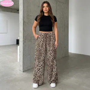 Vintage Leopard Print High Waist Wide Leg Casual Pants Elastic Pull-On Waist Flow Streetwear Trousers Hidden Side Pocket Retro Animal Print Ladies Trouser Loose Floor Length Wide Leg Hip Hop Fashion Pant Plus Size US12-US20 Inclusive Leopard Casual Bottom