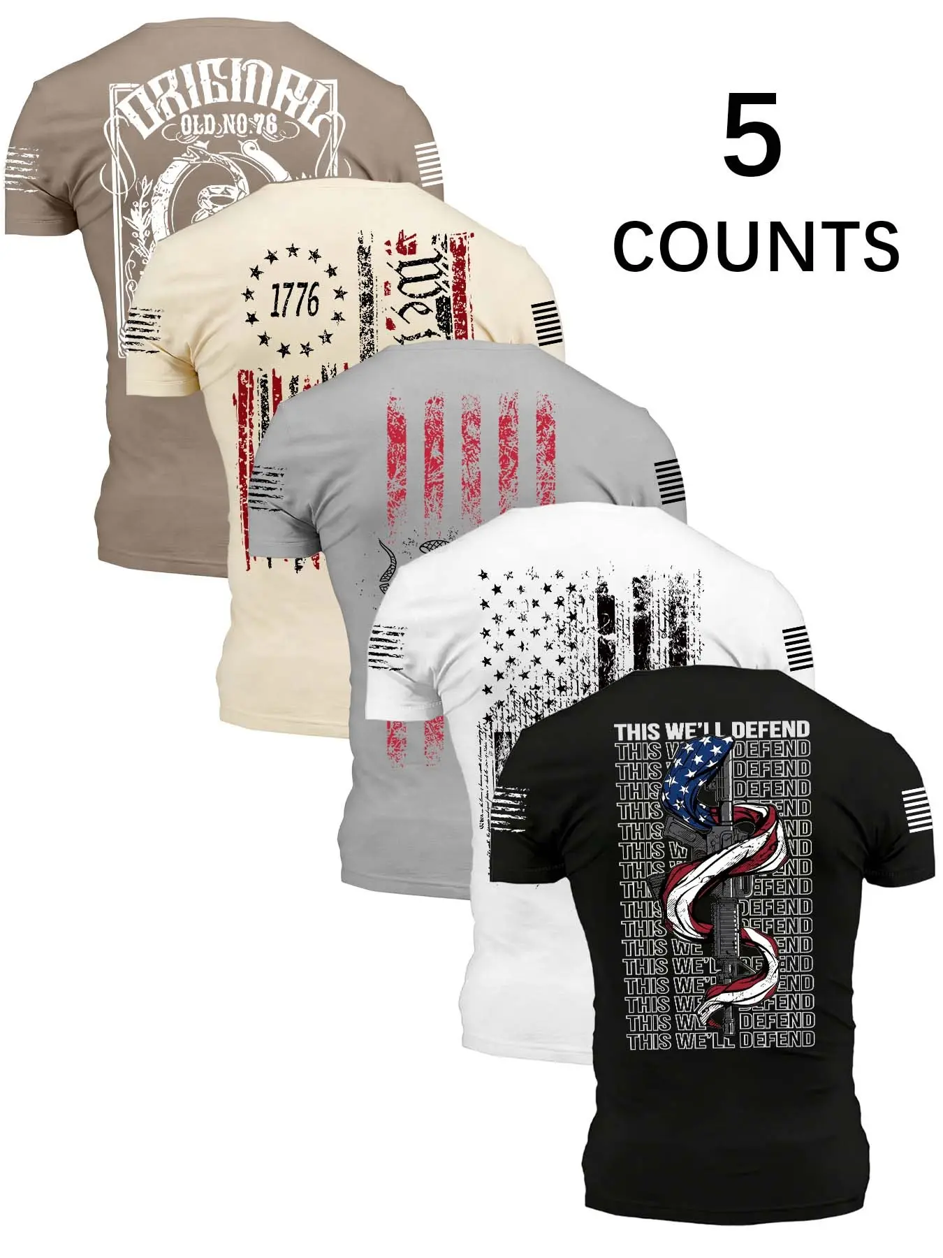 Summer Men's Casual Round Neck Short Sleeve T-Shirt Set, Vintage American Flag Pattern, Breathable Street Style, Four Seasons Wear
