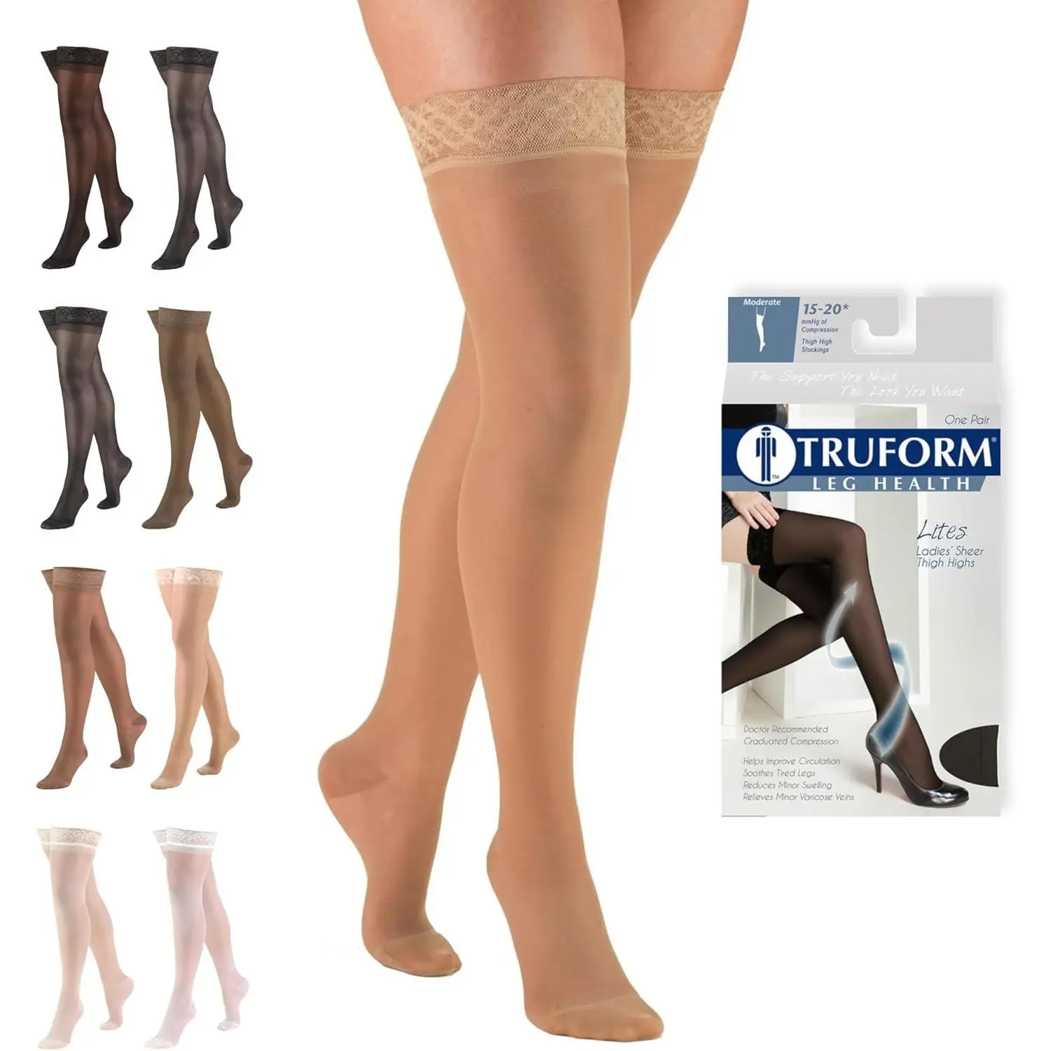 Women's 20 Denier Nylon Thigh High Stockings - 15-20 mmHg Moderate Graduated Compression, Silicone Grip Stay-Up Top, For Active Women's Casual Wear, Controls Superficial Veins, All Season, Small, Above The Ankle But Below The Knee