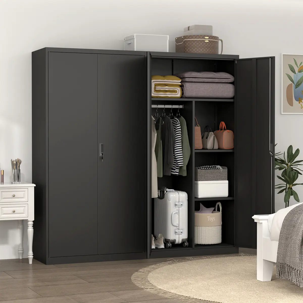 Black Stainless Steel Lockable Wardrobe - Single Unit Anti-Rust Coated Indoor Furniture with Hanging Rod, Compartment Design, Shelves, Large Capacity, Adjustable Heavy-Duty Build for Closet Storage, Bedroom Organization, Compartment Design Wardrobes, Mois