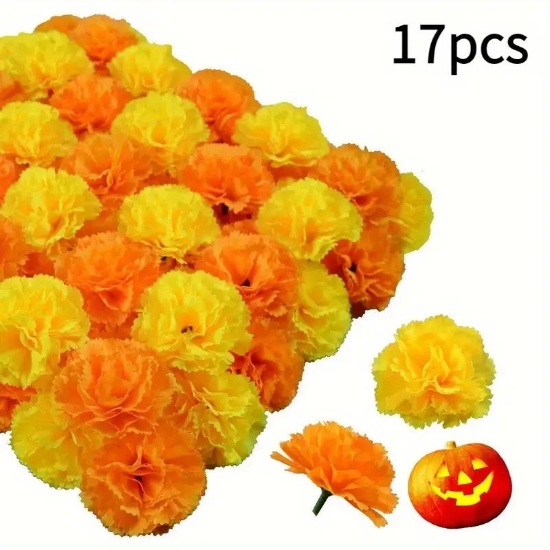 Simulation of marigold flower head - Bright orange-yellow artificial marigold, suitable for All Souls' Day, Halloween, weddings, altars, wreaths and durable plastic flowers. The simulated marigold flower head is used for center decoration Fake Flowers