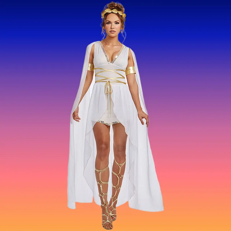 Women's Lightweight Greek Goddess Gown, Comfortable Strapless Halloween Costume with Gold Trim and Back Zipper for Parties, Gowns, Fit, Lady, Elegant, Cosplay, Accessories, Clothes, Athena, Cleopatra, Goddess Dress, One Shoulder