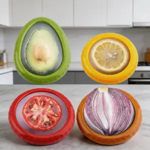 Avocado Saver and Tomato Holder, Set of 4 Reusable Silicone Food Storage Containers, Ideal for Garlic, Onions, Lemons, Potatoes, Fridge Use