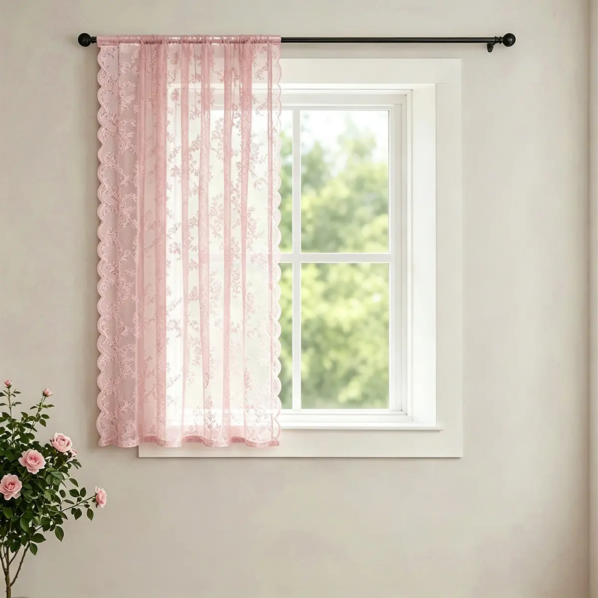 French Vintage Rose Lace Curtain, Semi-Transparent Wavy Trim, No Drilling Small Window Decorative Blind, Elegant Home Decoration, Window Curtains