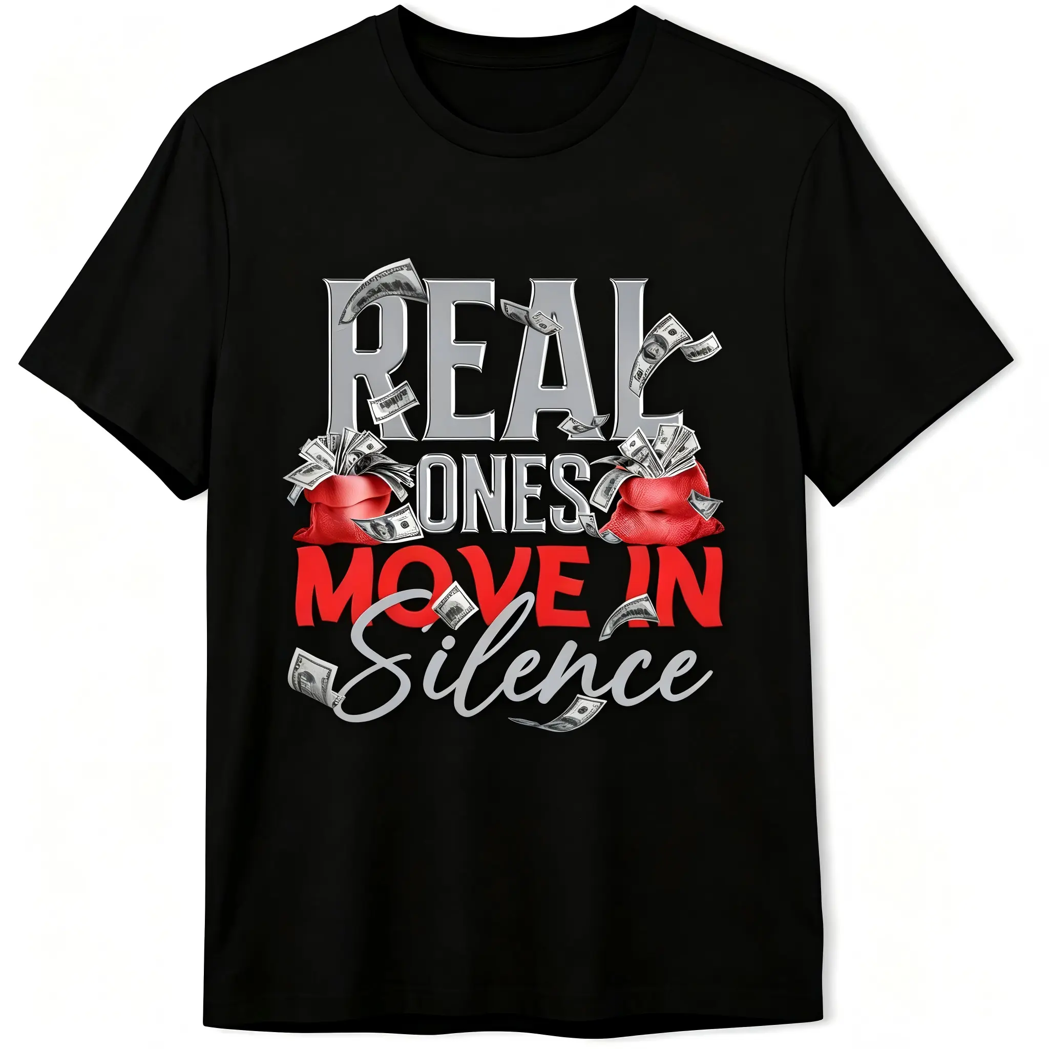 Menswear Classic Short Sleeve Crew Neck Cotton Tops - "Real Ones Move In Silence" Money Bag Graphic, Hustle Motivational Hip Hop Design, Soft Breathable, Street Style, All-Season Casual Tee, Machine Washable, Great for Everyday Wear & Gifting, Shortsleeve