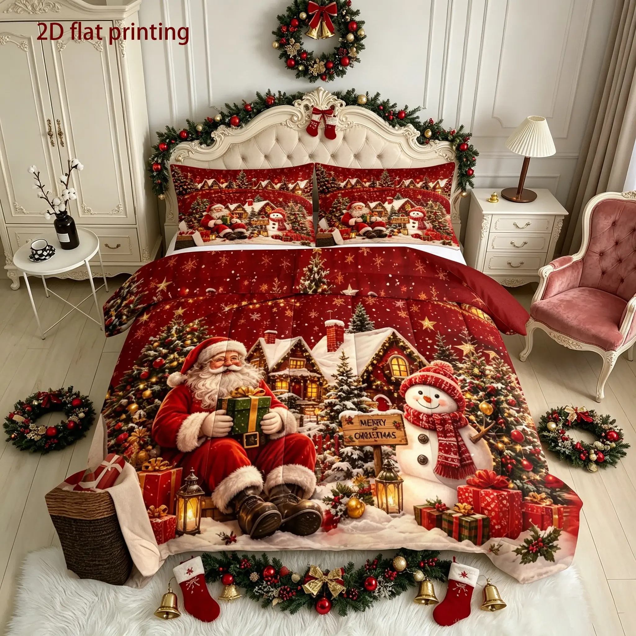 Three-piece red Christmas-themed bedding set featuring Santa Claus and rural scenery prints, including 1 quilted coverlet + 2 pillowcases (pillow fillers not included)