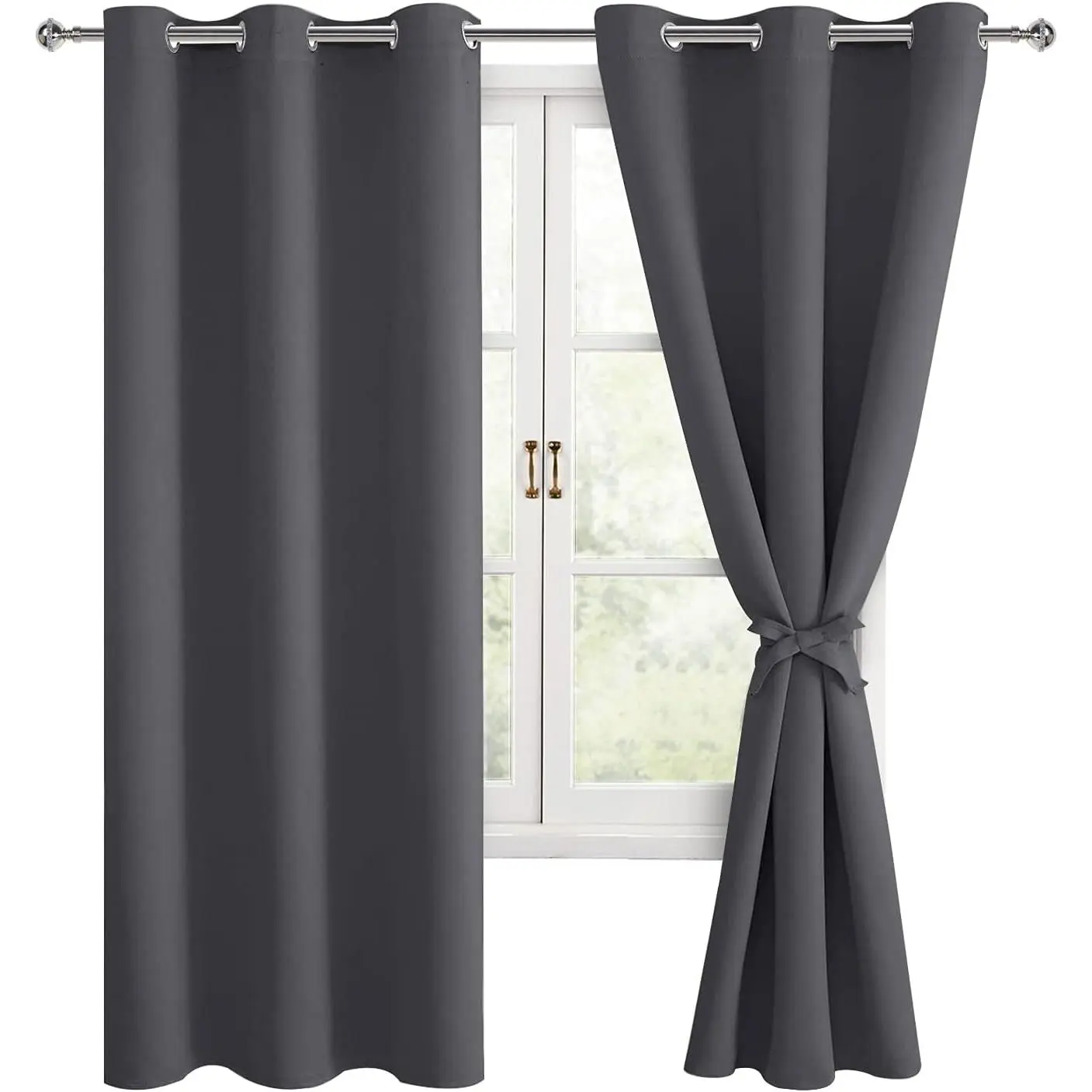 Contemporary Grommet Blackout Curtains (Pack of 2, 42w x 63l) - Dark Grey Thermal Insulation Drapes with 2 Thermal Blocks, Noise Reduction, Sewn Tiebacks for Bedroom; Machine Wash, Dry on Low, Do Not Bleach, Bedroom/Office, Modern Grommet