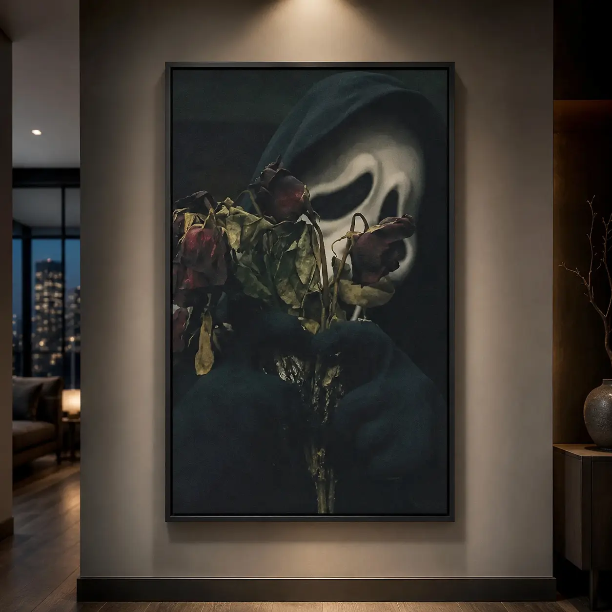 Ghostface Scream-Inspired Canvas Art Print, Artistic Minimalist Retro Eerie Horror Decor with Withered Roses and Hooded Figure, Lightweight Matte Cotton Mysterious Box Wall Poster for Bedroom Living Room, Perfect Gift for Horror Fans
