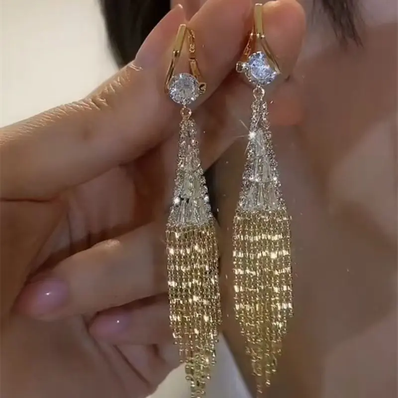 Gold-Plated Tassel Drop Earrings for Women, Long Fringe Dangles with Sparkling Cubic Zirconia - Elegant Bridal Jewelry, Gold Jewelry Earrings, Bling Effect, Accessories For Women, Gold Aesthetic