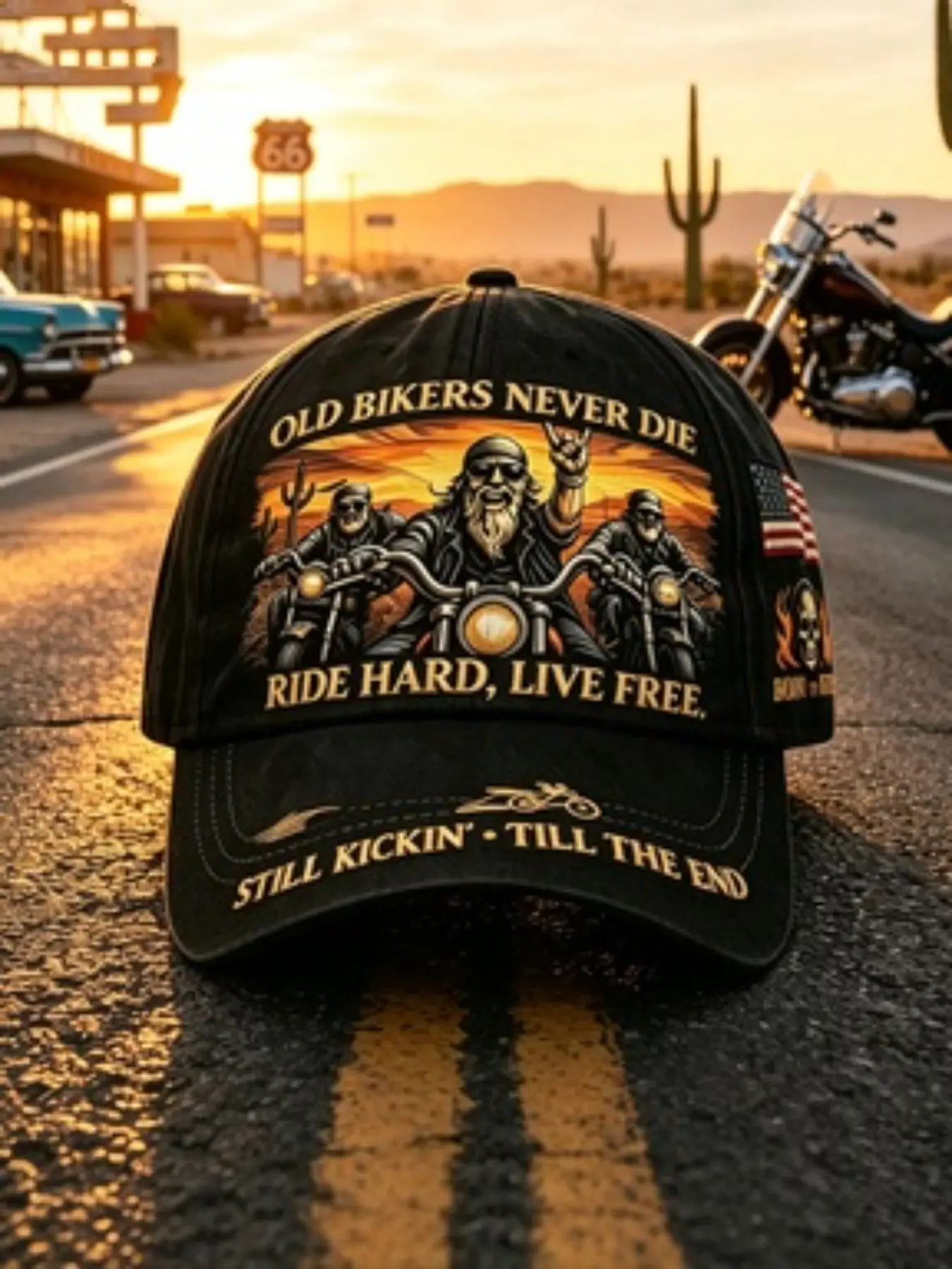 66 Highway Retro Motorcycle Baseball Cap, Vintage Biker Hat, All-Season Fitted Casual Hat, Freedom Riding Duckbill Cap