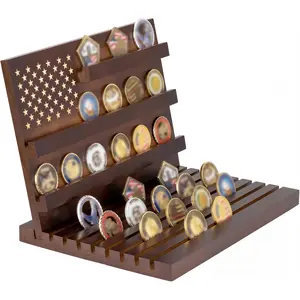 Wooden Military Coin Display Stand for Office - Walnut Finish Tiered Challenge Coin Holder with US Flag Design - Patriotic Collectible Coin Organizer - Sturdy Construction